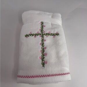 2 ✝️ Embroidered White Hand Towels with Pink & Green Floral Cross